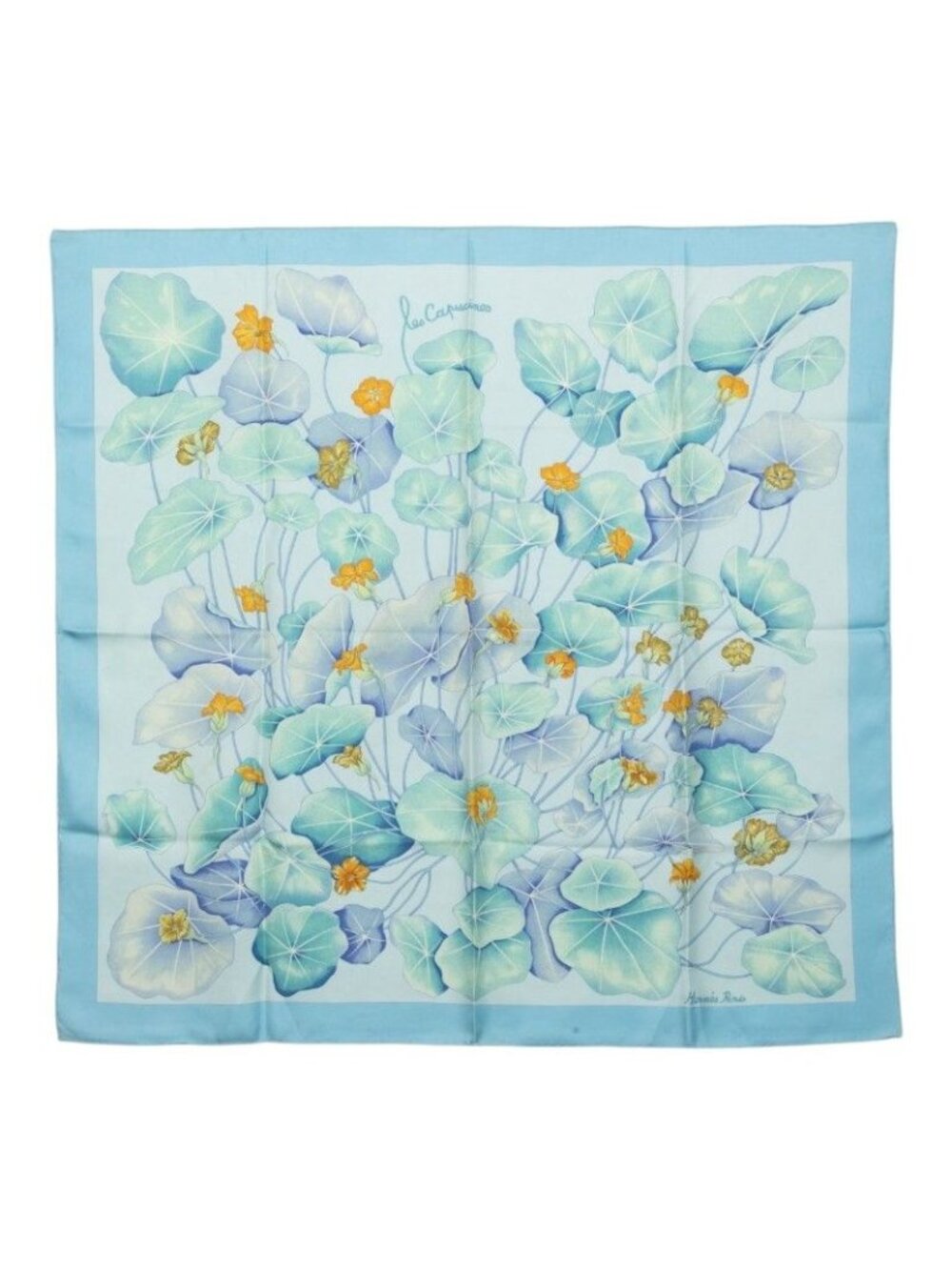 Hermes Carre 90 les Capucines Golden Lotus Scarf Light Blue Multicolor Silk
